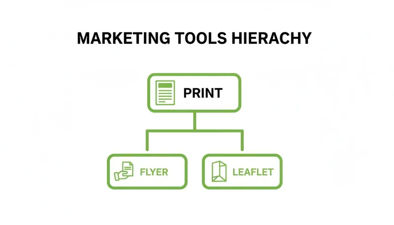 A marketing tools hierarchy diagram showing Print as the main category, leading to Flyer and Leaflet.