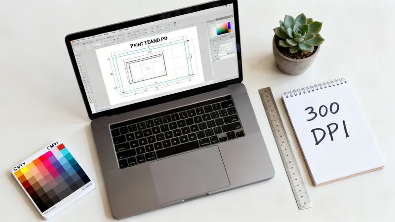 Design workspace flat lay with laptop displaying print layout, CMYK color swatch, and 300 DPI notebook.