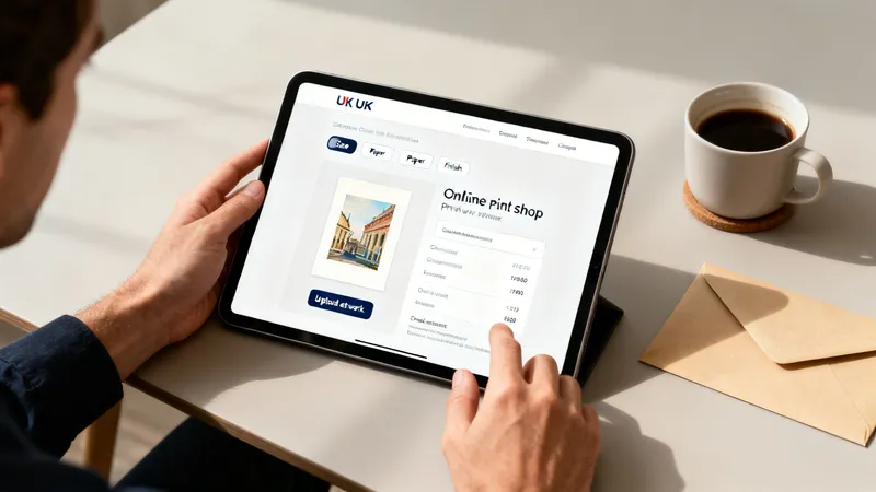 A person uses a tablet to order custom prints from an online shop, displaying an artwork and pricing details.