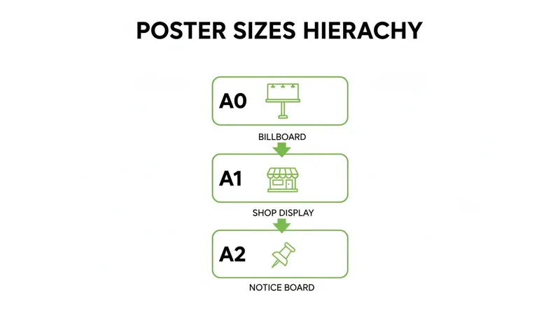 A diagram illustrates the hierarchy of poster sizes, from large A0 billboards to A2 notice boards.