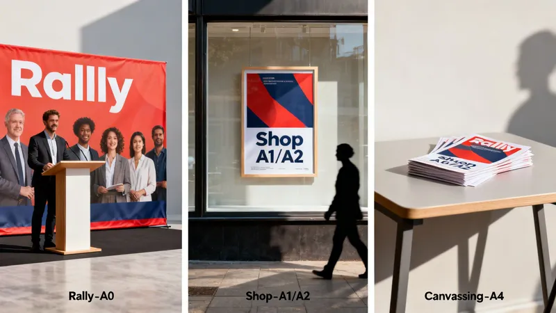 A large red rally banner, a framed shop poster, and a stack of A4 flyers on a table.