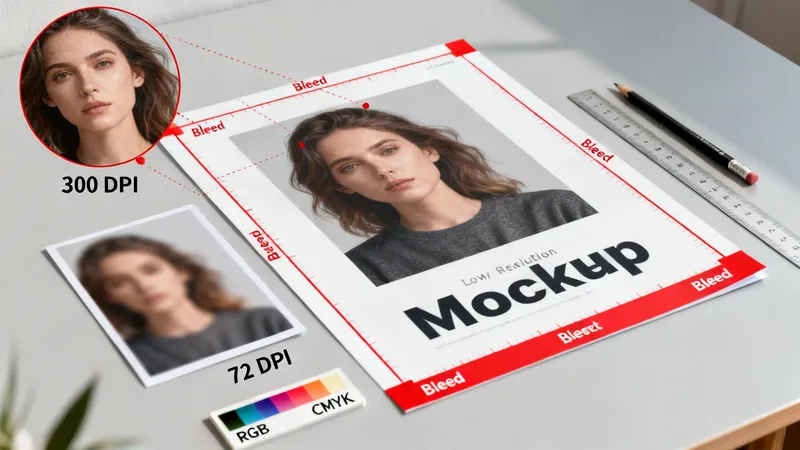 Detailed print layout with bleed marks, comparing 300 DPI and 72 DPI image resolutions, and RGB/CMYK colors.