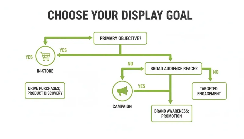 Flowchart guiding decision-making for display goals, outlining choices from primary objectives to campaign types.