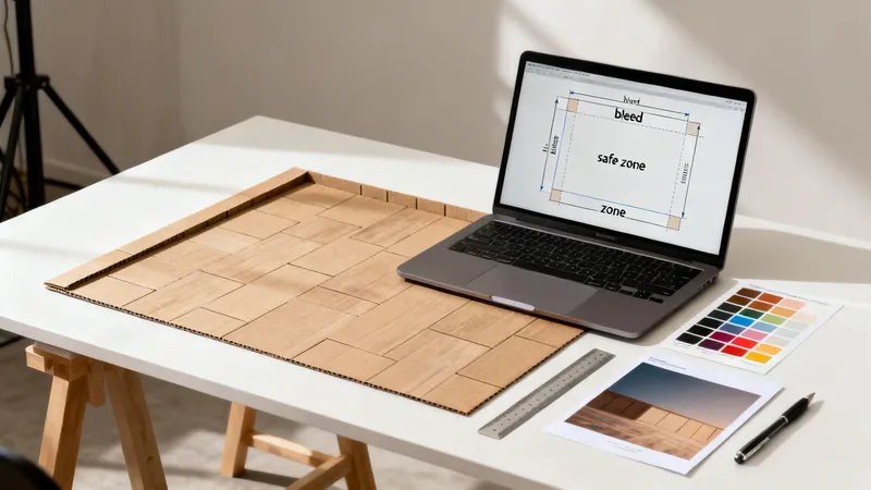 A creative workspace with a laptop displaying a design layout, a cardboard prototype, color palette, and design tools.