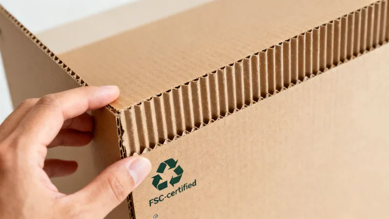 Hand holding a brown FSC-certified corrugated cardboard box with a recycling symbol.