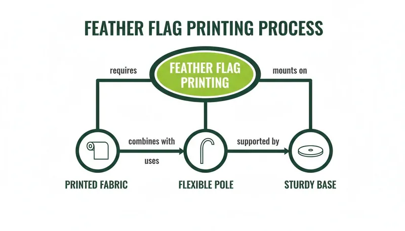 Flowchart illustrating the feather flag printing process components: printed fabric, flexible pole, and sturdy base.