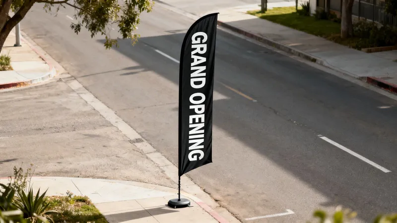 An overhead view of a black feather flag advertising "GRAND OPENING" beside a road.