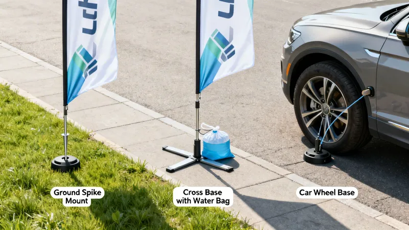 Three feather flags demonstrating different display bases: ground spike, cross base with water bag, and car wheel base.
