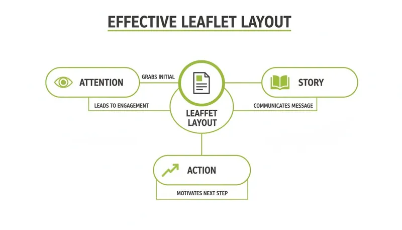 A diagram detailing the effective leaflet layout process, emphasizing attention, story, and action for user engagement.