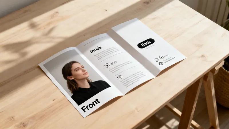 An open three-fold leaflet displaying 'Front', 'Inside', and 'Back' sections on a light wooden table with shadows.