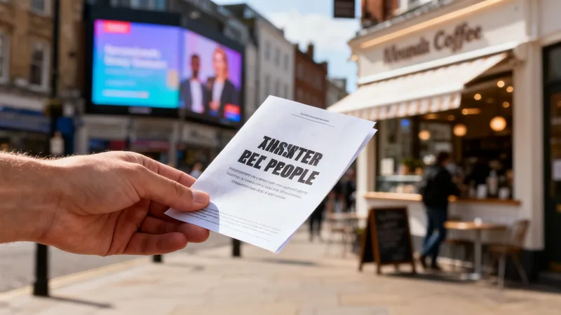 A person's hand holds a leaflet with blurred text on a city street, with a coffee shop and digital billboard in the background.