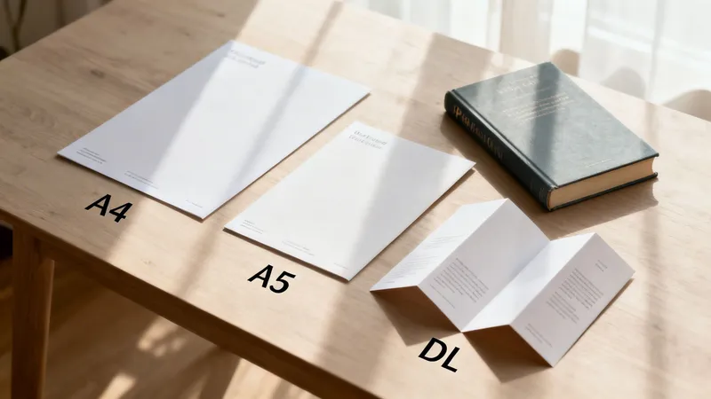 Various paper sizes including A4, A5, and a folded DL leaflet on a wooden table.