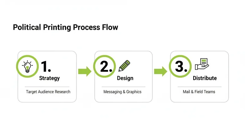 A flow chart illustrating the three-step political printing process: Strategy, Design, and Distribution.