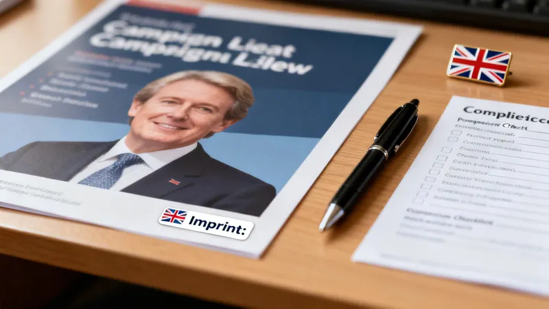 Political campaign brochure with a smiling candidate, UK flag pin, and compliance checklist on a desk.