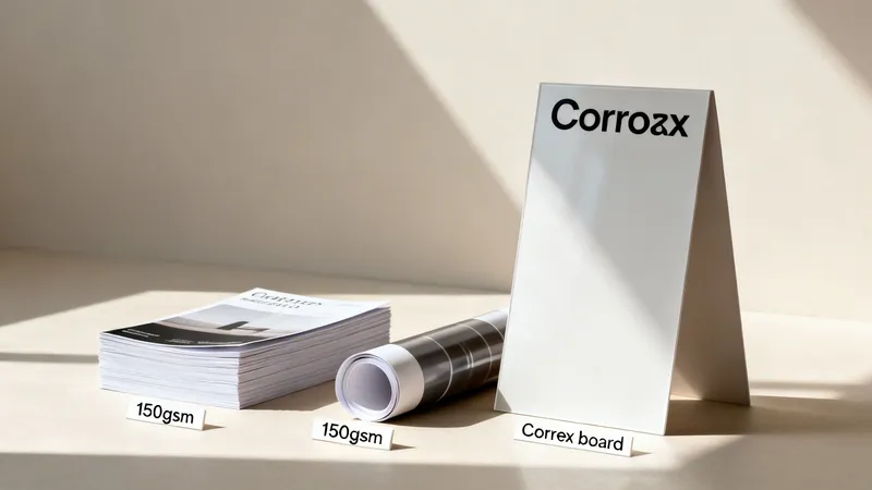 Examples of printed materials, including a stack of brochures, a rolled poster, and a Correx board sign.