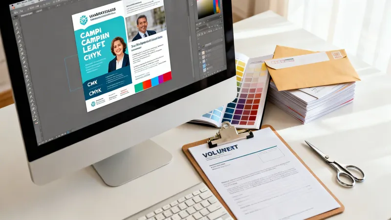 A desktop computer displays a political printing leaflet design, surrounded by color swatches, envelopes, and office supplies.
