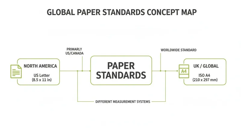 A concept map illustrating global paper standards, comparing US Letter (North America) and ISO A4 (Worldwide).