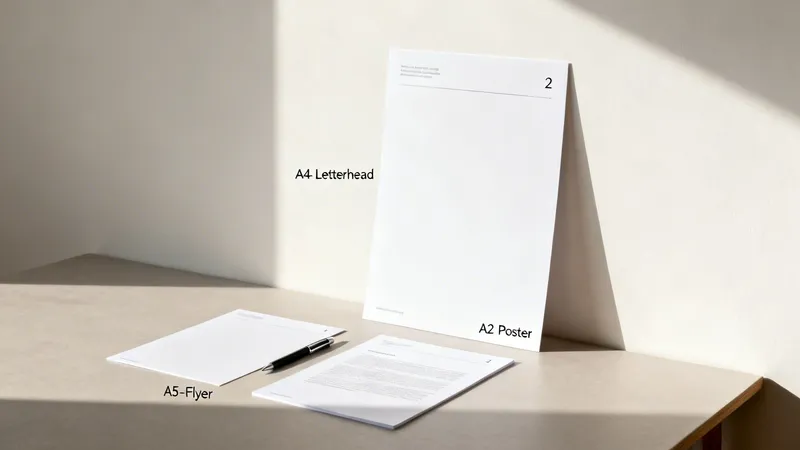 Different standard paper sizes (A5, A4, A2) with designs, a pen, on a desk in sunlight.