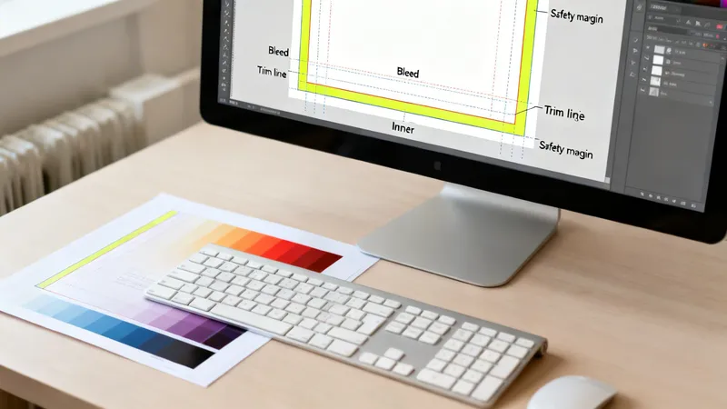 A computer monitor shows a print design layout with bleed and trim lines on a desk with color swatches.