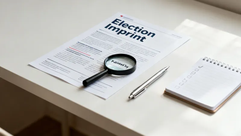 A magnifying glass highlights 'Published by' on an 'Election Imprint' document, with a pen and checklist.