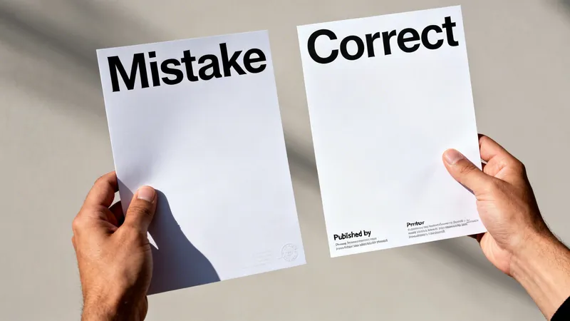 Two hands hold white papers, one labeled 'Mistake' and the other 'Correct', against a light background.
