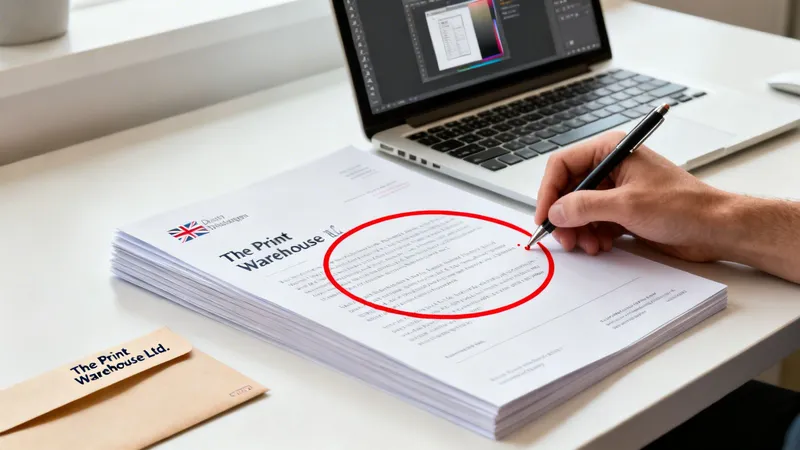 A man's hand edits a printed document with a pen, next to a laptop displaying design software.
