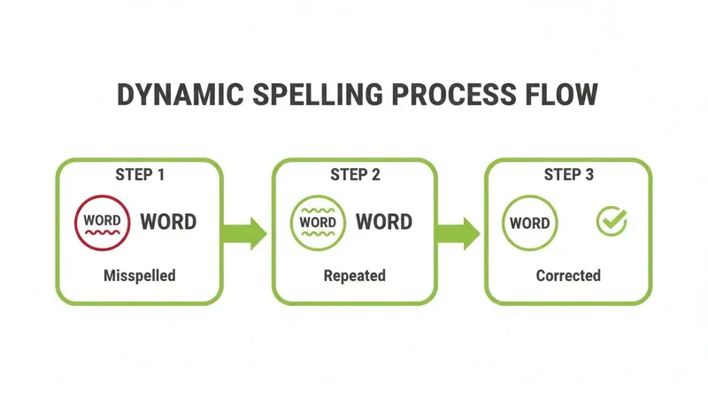 Flowchart illustrating a dynamic spelling process: misspelled, repeated, and corrected words in three steps.