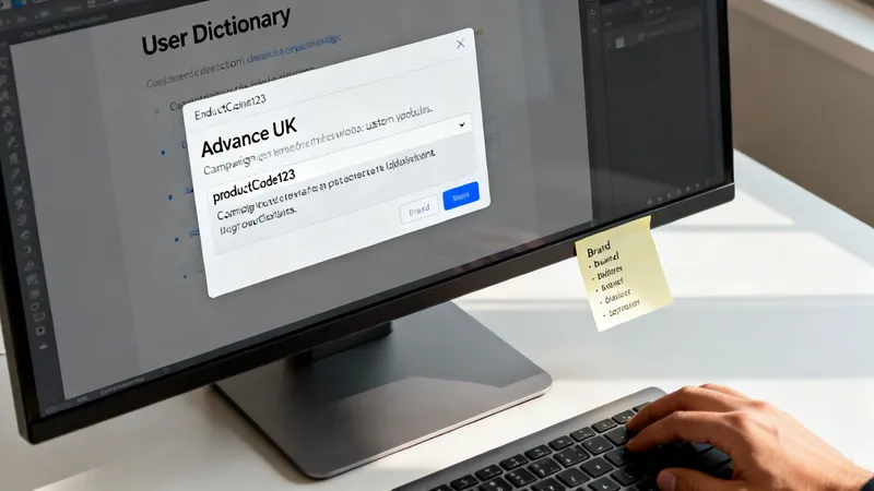 A person is typing on a keyboard, looking at a computer screen displaying a "User Dictionary" application with a pop-up window.