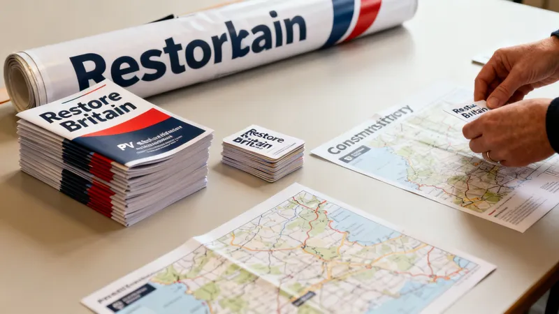 Hands sort 'Restore Britain' political campaign materials, including leaflets, cards, and maps, on a table.