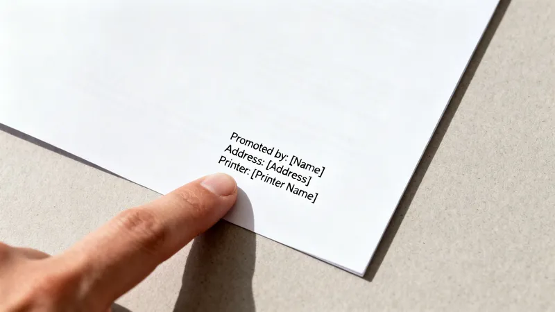A finger points at printed disclosure text on a white paper, showing 'Promoted by', 'Address', and 'Printer' details.