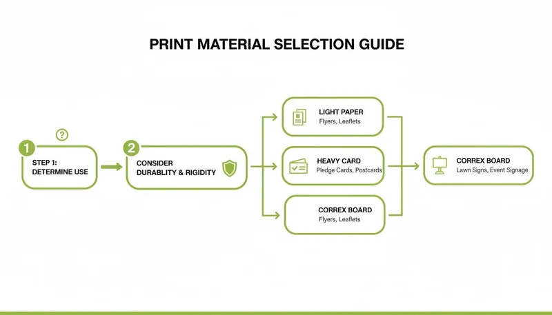 Flowchart guiding print material selection based on use, durability, and rigidity for various products.
