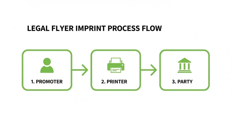 Flowchart illustrating the legal flyer imprint process from promoter, through printer, to party.
