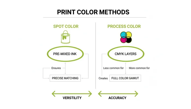 Infographic on print color methods, comparing Spot Color (pre-mixed ink, precise matching) and Process Color (CMYK layers, full gamut).