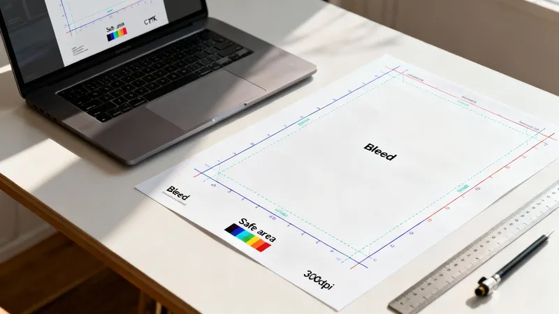 Overhead shot of a laptop, a print layout guide with bleed and safe area, ruler, and pen on a white desk.
