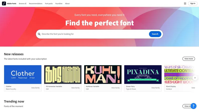 A screenshot of the Adobe Fonts website, showing its clean interface and curated font packs.