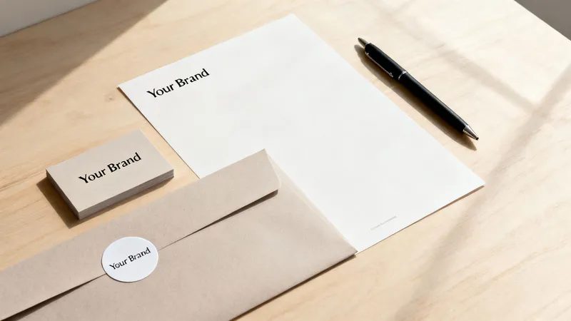 Flat lay of professional marketing materials, including business cards, letterhead, envelope, and a pen on a wooden surface.