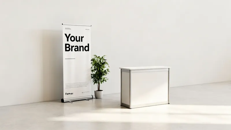 A minimalist trade show setup featuring a pull-up banner with 'Your Brand' text, a plant, and a reception counter.