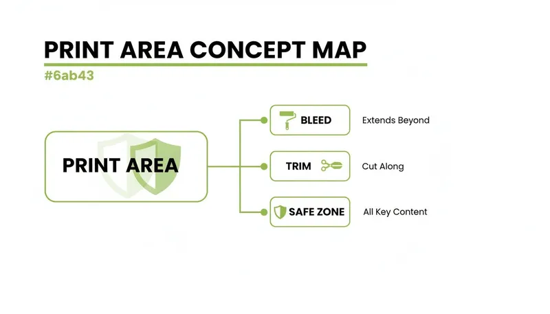 A concept map defining print area, bleed (extends beyond), trim (cut along), and safe zone (all key content).