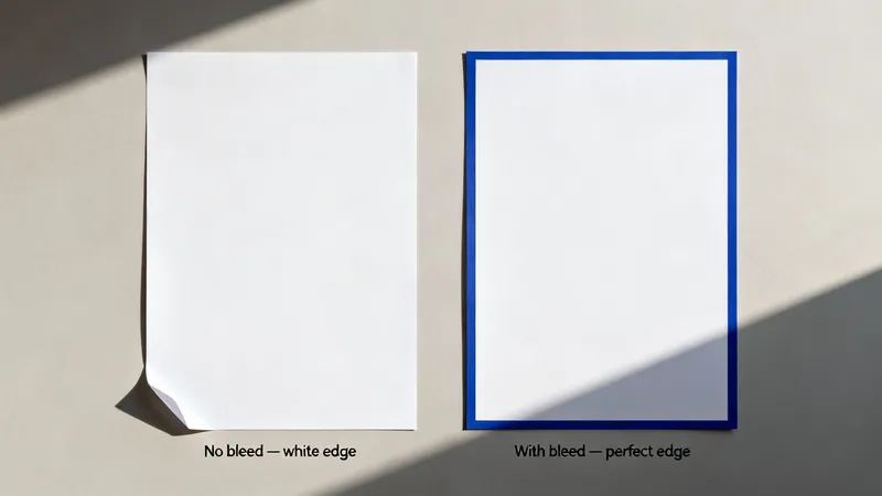 Two white sheets of paper demonstrating print bleed, one with a white edge and one with a blue bleed.