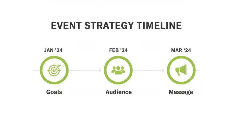 Event strategy timeline showing goals for January, audience for February, and message for March 2024.