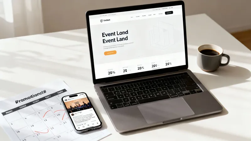 A laptop displaying an 'Event Land' website, a smartphone with social media, a calendar, and a coffee mug on a white desk.
