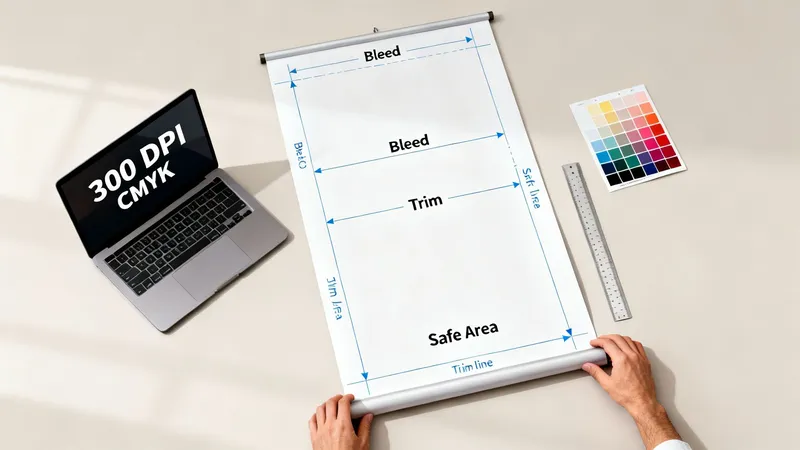 Hands unrolling a banner illustrating print bleed, trim, safe area, with laptop showing 300 DPI CMYK.