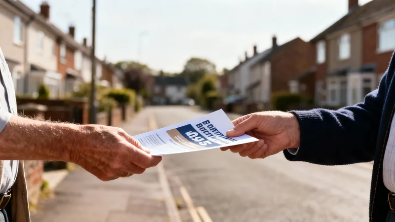 Two people exchanging a campaign leaflet with text "BOROUGH" on a residential street.