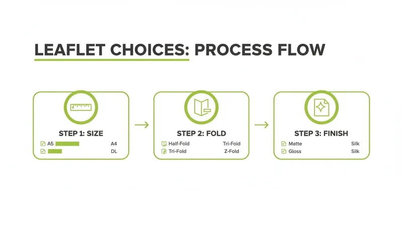 A process flow diagram outlining steps for leaflet choices: size, fold, and finish options.