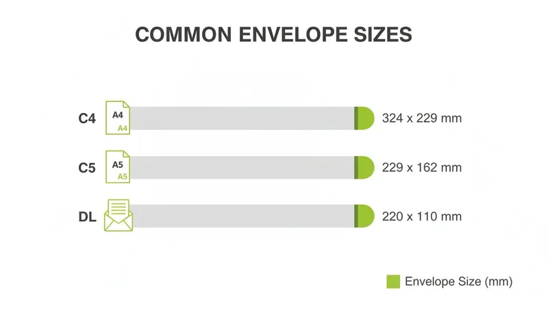 Chart displaying common envelope sizes C4, C5, and DL with their corresponding dimensions in millimeters.
