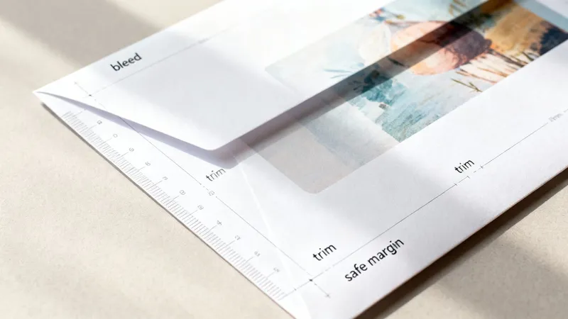 Close-up of a white paper with print guidelines for bleed, trim, and safe margin.