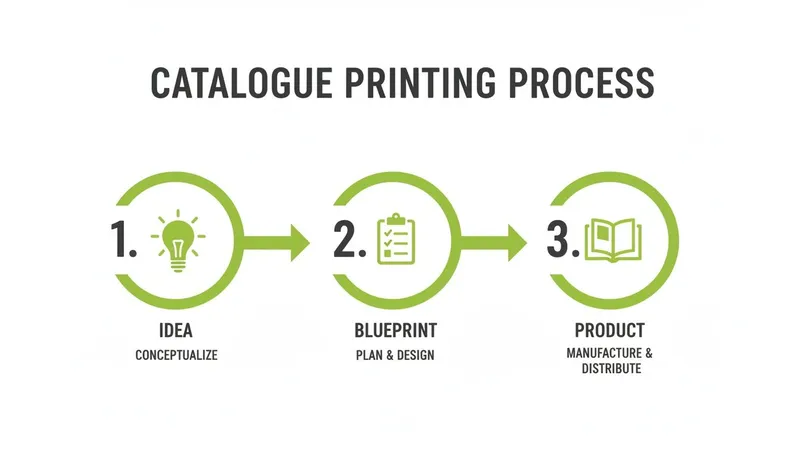 Infographic illustrating the 3-step catalogue printing process from idea to final product.
