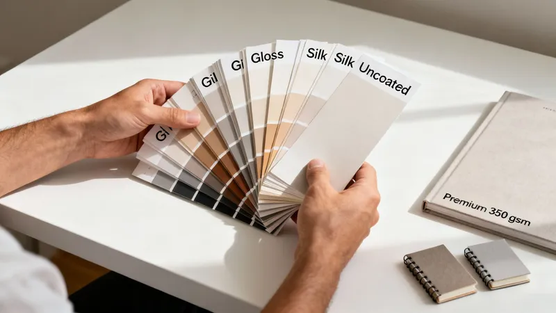 Hands hold a paper swatch book showing Gloss, Silk, and Uncoated finishes with color samples.