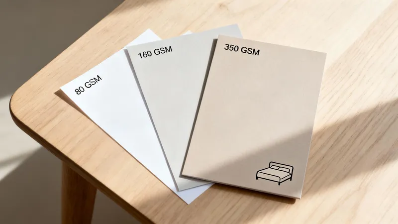 Three paper samples on a wooden table, showing different GSM weights: 80, 160, and 350.