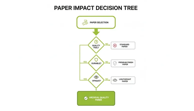 A flowchart illustrates the Paper Impact Decision Tree, guiding paper selection based on quality, durability, and opacity.